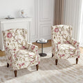 Floral Wingback Accent Chairs Set of 2, High Back Upholstered Armchair, Comfy Fabric Wingback Arms Chairs with Solid Wood Legs, Single Sofa Reading Chair for Bedroom Living Room, Beige
