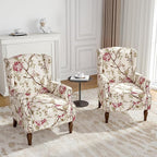 Floral Wingback Accent Chairs Set of 2, High Back Upholstered Armchair, Comfy Fabric Wingback Arms Chairs with Solid Wood Legs, Single Sofa Reading Chair for Bedroom Living Room, Beige