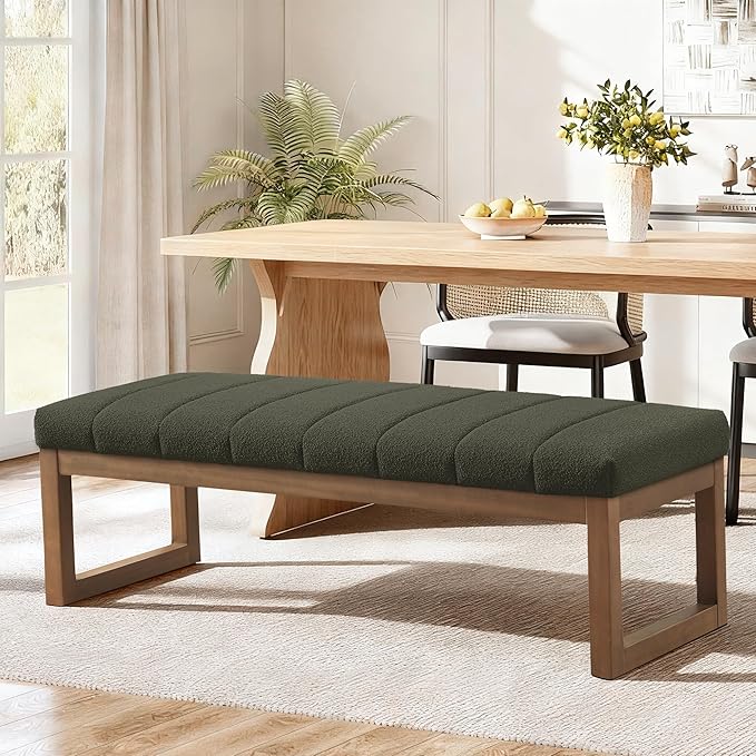 52.7" Bedroom Bench for End of Bed, Modern Upholstered Teddy Fabric Entryway Bench & Dining Bench, Footrest Stool Bench with Solid Wood Frame for Bedroom, Living Room (Green)