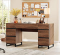 WAMPAT 59" Modern Executive Desk with Drawers, Wood Computer Writing Desk with Charging Station, Home Office Desk with File Drawer, Study Table for Bedroom, Living Room, Home Office, Rustic Brown
