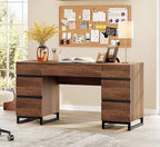 WAMPAT 59" Modern Executive Desk with Drawers, Wood Computer Writing Desk with Charging Station, Home Office Desk with File Drawer, Study Table for Bedroom, Living Room, Home Office, Rustic Brown