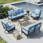 MFSTUDIO 5 PCS Outdoor Patio Furniture Set, Metal Outdoor Conversation Set, Rattan Wicker Patio Sectional Sofa Set with 2 x Swivel Single Sofa, 2-Seat and 3-Seat Sofa, 1 x Coffee Table, Blue