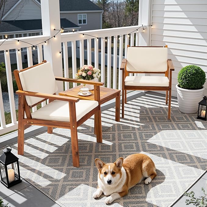 Flamaker Patio Chairs 3 Piece Acacia Wood Patio Furniture with Coffee Table & Cushions Outdoor Conversation Set Balcony Chairs for Porch, Deck, Backyard
