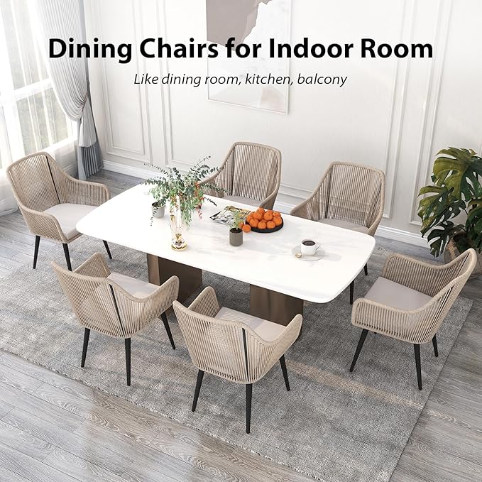 JOIVI Outdoor Dining Chairs Set of 6, 6 Pieces Woven Rope Patio Chairs with Armrest and Seat Cushions for Outside Porch, Balcony or Indoor Dining Kitchen, Restaurant, Tan
