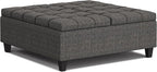 SIMPLIHOME Harrison 40 inch Wide Transitional Square Large Coffee Table Storage Ottoman in Ebony Polyester Tweed, Assembled, for The Living Room and Bedroom