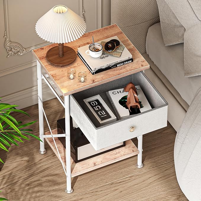 VECELO End Tables, Modern Nightstand with Fabric Drawer & Open Shelf, Night Stand for Bedroom Living Room, Industrial Metal Frame, Easy Assembly, Light Brown,2 Pack