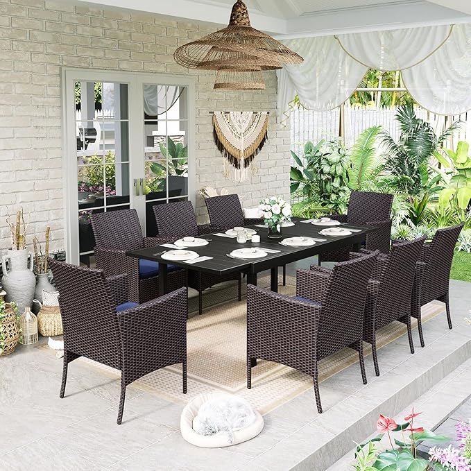 Sophia & William 9 Pieces Expandable Patio Dining Set for 8, Metal Patio Table and Wicker Chairs Set, Rectangular Outdoor Table and Rattan Chairs, All Weather Outdoor Dining Set for Outside