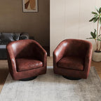 Lumibee Swivel Accent Chairs Set of 2, Faux Leather Swivel Barrel Chairs for Living Room, Modern Comfy Upholstered Round Armchairs Single Sofa Chairs for Bedroom, Club-Red Brown