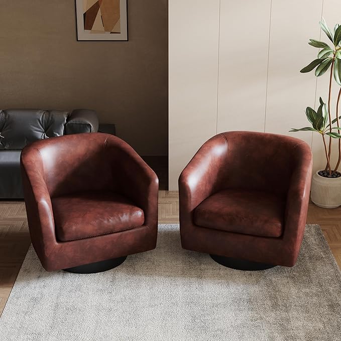 Lumibee Swivel Accent Chairs Set of 2, Faux Leather Swivel Barrel Chairs for Living Room, Modern Comfy Upholstered Round Armchairs Single Sofa Chairs for Bedroom, Club-Red Brown