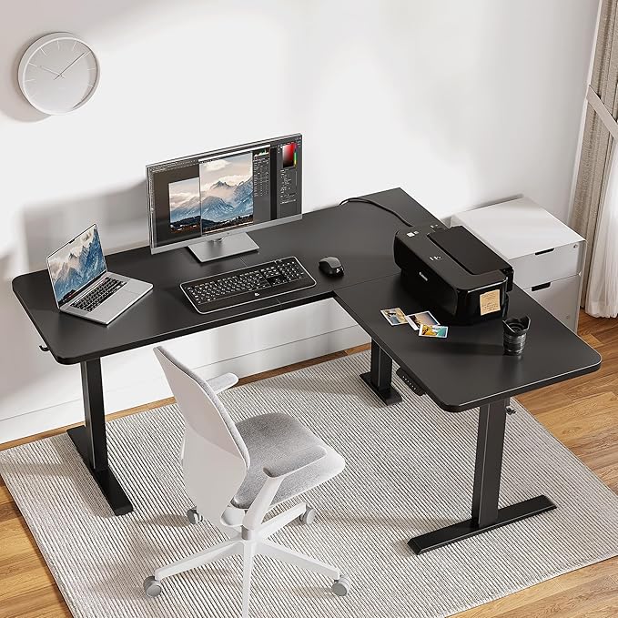 BANTI L-Shaped Standing Desk - 75 x 63 Inch Adjustable Corner Standing Desk with Charging Station - L Shape Sit Stand Table with Memory Controller, Splice Board for Home Office