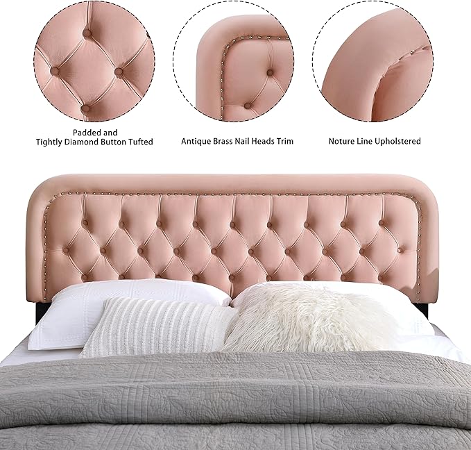 BeyetseaTufted Upholstered Pink King Headboard only-Button Solid Wood HeadBoards with Adjustable Height-Modern Velvet Padded Bed Head Boards-Easy Install&Nailhead