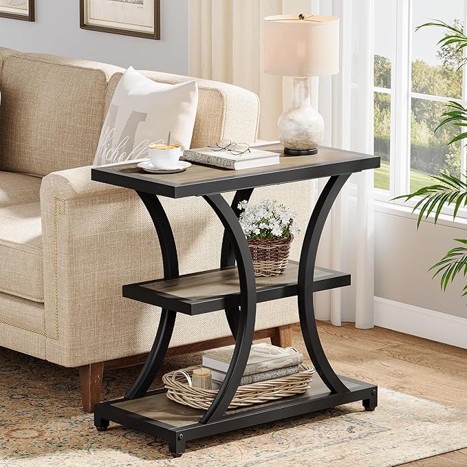 Tribesigns End Table with Storage, 3-Tier Side Table with Geometric Metal Design, Industrial Nightstand for Small Spaces, Living Room, Bedroom, Study Room (1, Grey)