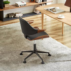 Art Leon Swivel Desk Chairs, Set of 2, Mid Century Modern Office Chairs with Wheels, Faux Leather Upholstered Armchairs, Adjustable Height Task Chairs with Metal Base, Walnut Bentwood, Black