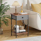 VECELO End Tables, Modern Nightstand with Fabric Drawer & Open Shelf, Night Stand for Bedroom Living Room, Industrial Metal Frame, Easy Assembly, Retro Brown,2 Pack