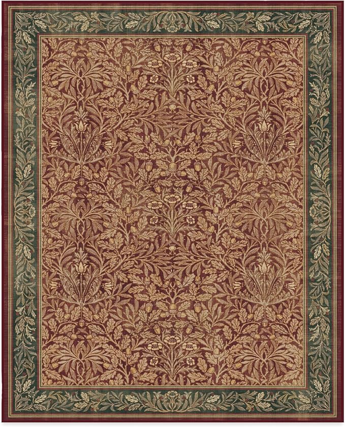 RUGGABLE x Morris & Co Machine Washable Christmas Area Rug – Acorn Amber Red 8x10, Stain-Resistant, Non-Slip – Large Rugs for Living Room, Bedroom, Hallway, Entryway & Office–with Cushioned Pad