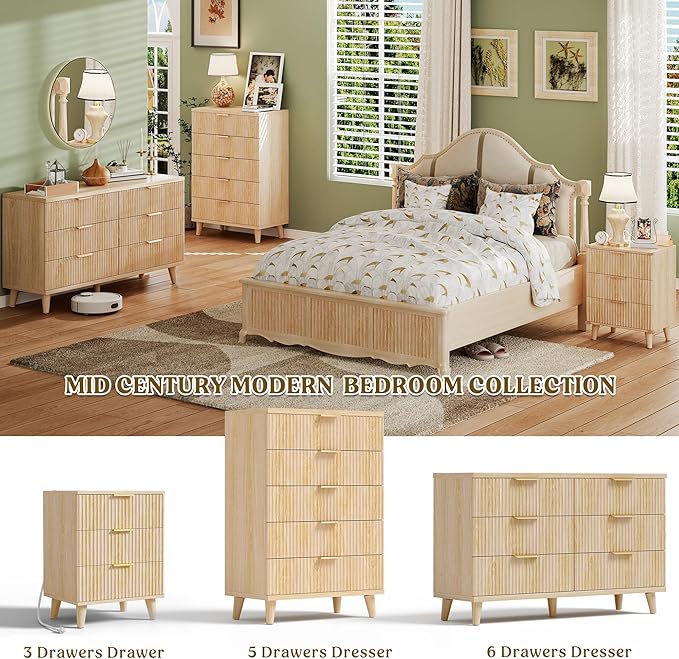 Lulive Dresser for Bedroom Wood Dressers Chest of Drawers, Fluted 53.2" Wide Modern Long Dresser TV Stand 6 Drawers for Bedroom, Closet, Living Room, Hallway (Natural)