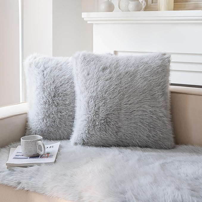 Neelvin Light Grey Faux Fur Cozy Fluffy Double-Sided Decorative Throw Pillow Covers 24x24 inch Set of 2,Velvet Pillowcase Cushion Case for Sofa Couch