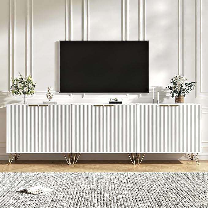 Storage Cabinet Set of 3, White Fluted Cabinet with Adjustable Shelves, Modern Coffee Bar for Kitchen, Living Room and Office