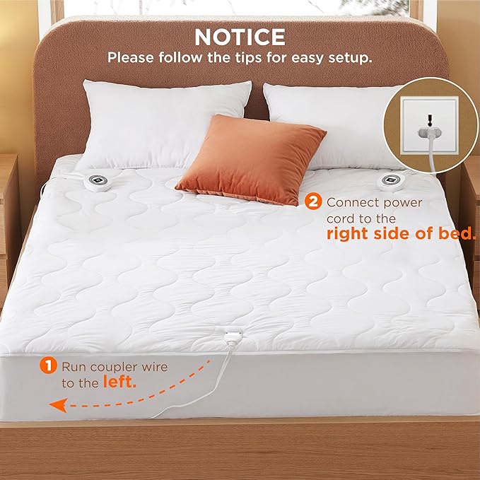 Bedsure Waterproof Heated Mattress Pad Queen - Cotton Bed Warmer with Memory & Preheat Functions, 10 Heat Settings & 12 Hour Shut Off, Dual Controller, Electric Mattress Pad Queen, 60"x80"