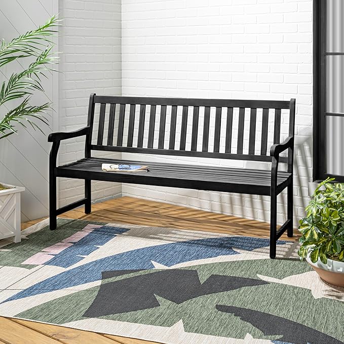 JONATHAN Y BNH101C Laurel 59.1" 3-Seat Slat-Back 600-Lbs Support Acacia Wood Outdoor Garden Patio Bench for Garden, Lawn, Backyard, Pool, Deck, Beach, Firepit, Black