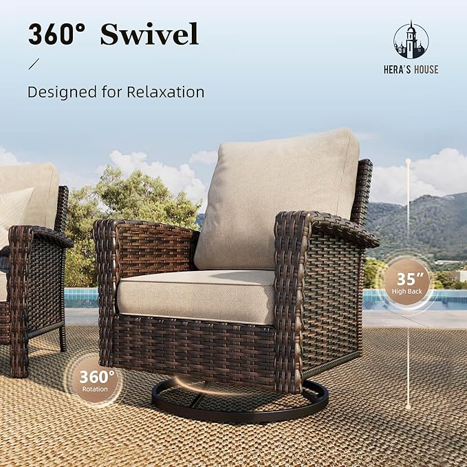 HERA'S HOUSE High Back Patio Furniture Set with Swivel Chairs, Outdoor Wicker Conversation Sets with 5.5" Comfy Cushions, 4 Piece Outside Sofa Sets, Beige