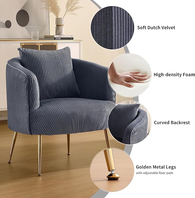 Art Leon Accent Chair Set of 2, Modern Velvet Upholstered Armchairs, Living Room Side Chairs Barrel Chairs with Golden Metal Legs, Gray