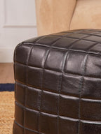 Handmade Eco-Friendly Geometric Leather Pouf Black Color Square 16" x 16" x 16" Goat Leather Pouf for Living Room, Bedroom Seating, Patio
