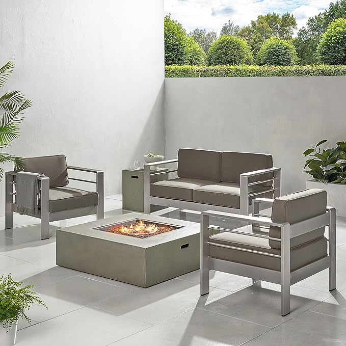 Christopher Knight Home Cape Coral Outdoor Aluminum Chat Set with Fire Table, Khaki / Light Grey