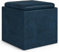 SIMPLIHOME Rockwood 18 inch Wide Contemporary Square Cube Storage Ottoman with Tray in Distressed Dark Blue Vegan Faux Leather, Assembled, For the Living Room, Entryway and Family Room