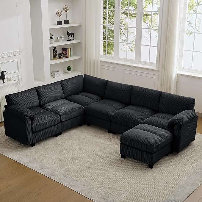 114'' V-Shaped Sectional Cloud Couch with Ottoman, 7-Seater Modular Couches for Living Room, Corduroy Oversized Deep Seat Sofa with Center Stitched, Black