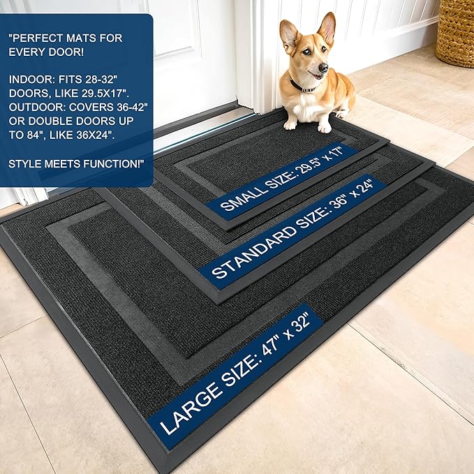 OLANLY Front Door Mat Indoor Outdoor Entrance, Waterproof All-Season, All-Weather Doormat, Sturdy Natural Rubber, Fade Resistant, Low Profile, Easy Clean Patio Porch Entryway Mat, 33x21, Black