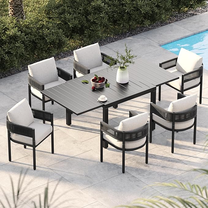 Grand patio 7-Piece Outdoor Dining Set for 6 with 79" Rectangle Expandable Table for 4-6 Person, Metal Woven Wicker Fixed Patio Chairs with Thickened Cushions for Yard, Poolside, Deck (Black)