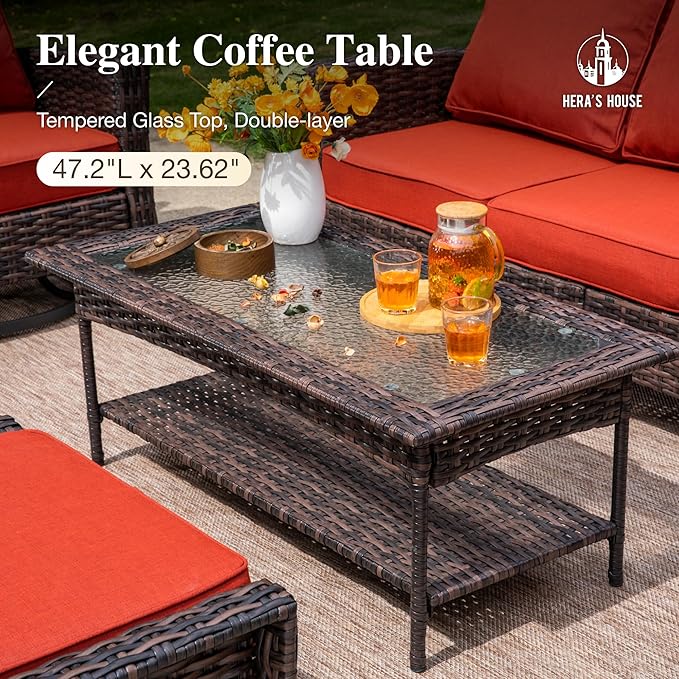 HERA'S HOUSE Red Patio Furniture Set, 35" High Back Swivel Chairs with 5.5" Waterproof Cushions, 4 Pieces Wicker Rattan Outdoor Conversation Sofa Sets for Deck Lawn Yard