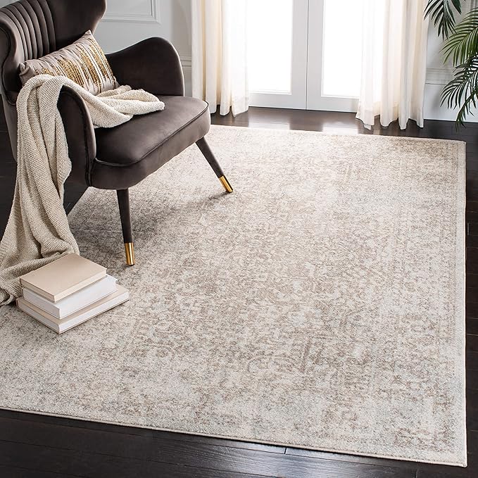 SAFAVIEH Evoke Collection Area Rug - 6'7" Square, Ivory & Taupe, Distressed Design, Non-Shedding & Easy to Clean, Ideal for Living Room, Bedroom, Dining Space (EVK256E)