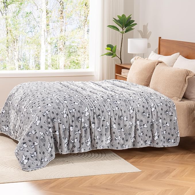 Berkshire Blanket Peanuts® VelvetLoft® Cute Character Snoopy Plush Blanket,Peanuts Poses and Paws Grey,Full/Queen 90 in x 90 in (Official Peanuts® Product)