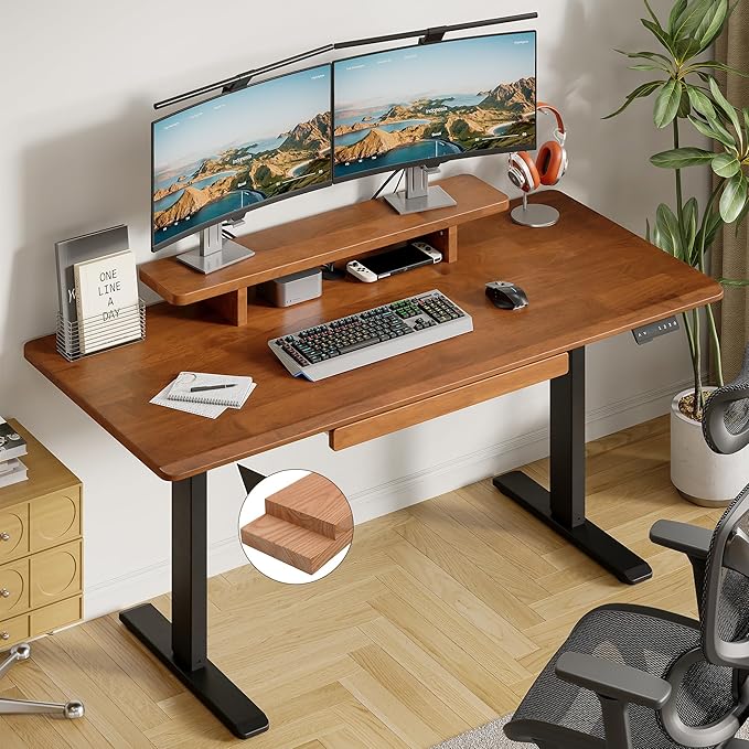 ONBRILL Standing Desk with Drawer, 55x23.6 Inches Solid Wood Desktop Stand Up Desk with Whole-Piece Board and Storage Shelf, Adjustable Height from 28-46 Inches for Home & Office, Brown
