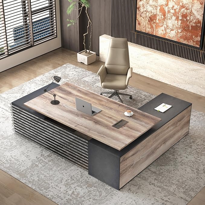 86.61" L Shaped Standing Executive Desk and 63" lateral File Cabinet, Large Adjustable Heigh Office Computer Desk with 3 Drawers,2.3" Desktop,Business Workstation,Black and Warm Oak