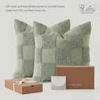 Double Stitch Checkered Throw Pillow Covers - 100% Cotton Set of 2 Tufted Boho Decorative Pillow Covers 20x20, Made in India, Square Cushion Case, Modern Home Decor for Couch, Sofa, Sage Green