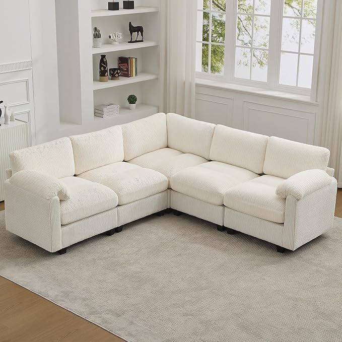 87'' V-Shaped Sectional Sofa Couch, 5-Seater Modular Couches for Living Room, Corduroy Deep Seat Cloud Sofa with Center Stitched, Beige