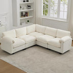 87'' V-Shaped Sectional Sofa Couch, 5-Seater Modular Couches for Living Room, Corduroy Deep Seat Cloud Sofa with Center Stitched, Beige