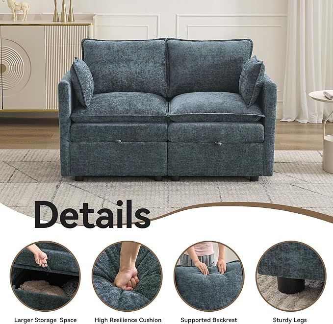 55" Cloud Modular Loveseat Sofa with Storage, Modern Upholstered Sofa Couch Small Love Seat，2 Seater Chenille Comfy Sectional Sofa with Armrests for Living Room, Small Space, Blue