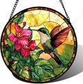 Stained Glass Suncatcher, Hummingbird Red Flowers Green Leaves Sun Catcher Stain Glass Window Hanging Decoration Mother's Day Birthday Gifts for Bird Lover Women Men Mom Nana 7.8 in