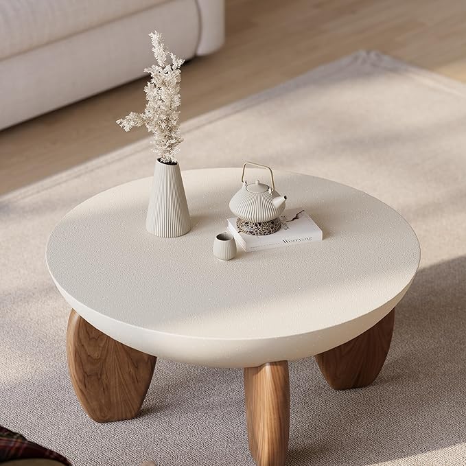 homary Round Concrete Coffee Table with Premium Walnut Ash Wood Legs, Modern Minimalist Cement Finish Center Table for Living Room