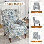 Floral Wingback Accent Chairs Set of 2, High Back Upholstered Armchair, Comfy Fabric Wingback Arms Chairs with Retro Solid Wood Legs, Single Sofa Reading Chair for Bedroom Living Room, Boho Blue