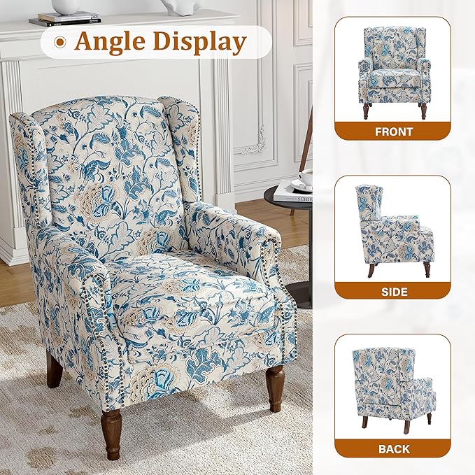 Floral Wingback Accent Chairs Set of 2, High Back Upholstered Armchair, Comfy Fabric Wingback Arms Chairs with Retro Solid Wood Legs, Single Sofa Reading Chair for Bedroom Living Room, Boho Blue