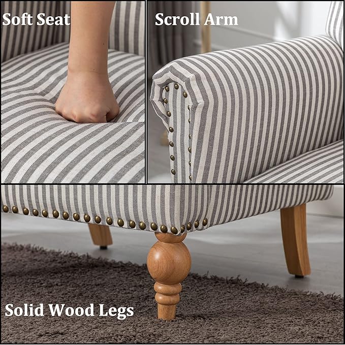 Mid Century Modern Accent Chairs Set of 2 Linen Fabric Armchair Wide Reading Chairs Upholstered Lounge Couch Chair for Bedroom/Living Room, Black Stripe