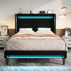 Allewie Upholstered Full Size Platform Bed Frame with LED Light and Charging Station, Button Tufted High Headboard, Wingback Design, Noise Free, Easy Assembly, No Box Spring Needed, Black