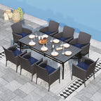 Sophia & William 9 Pieces Patio Dining Set for 8, Outdoor Patio Table and Rattan Chairs Set, 83" L Extra Large Rectangular Table, 1.75" Umbrella Hole, Navy Removable Seat Cushions