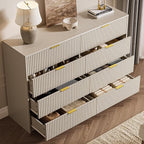 3-Piece Dresser Bedroom Set, 8 Drawer Dresser & 3 Drawer Nightstands with Gold Handles, Fluted Wood Chest of Drawers for Bedroom, Living Room, Entryway, Beige