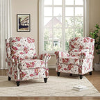 Pushback Recliner Chairs Set of 2, Upholstered Armchair Wingback Recliner Chair, Floral Fabric Push Back Recliner with Wood Legs, Rivet Trim Single Sofa Accent Chair for Living Room, Pattern White